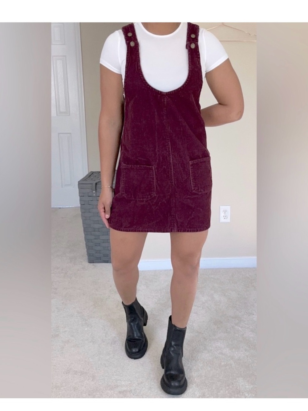 Blue Spice sz Medium M burgundy corduroy, jumper, pinafore, overall mini dress